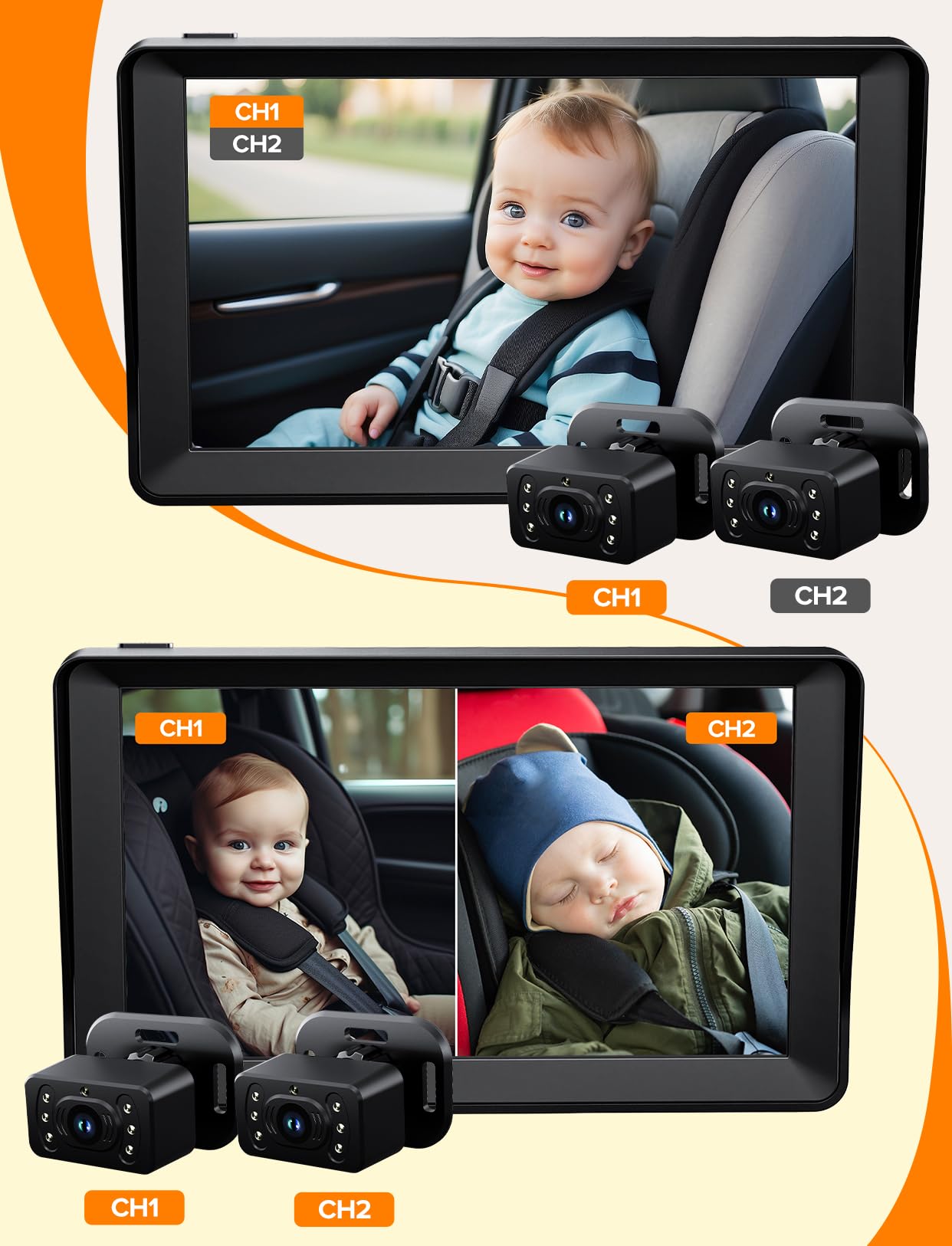 Cámara de coche de bebé para 2 niños, monitor de bebé de pantalla dividida de 7 pulgadas con cámara dual | Amplia visión de 150° y rotación de 360°, visión nocturna fácil de instalar, espejo retrovisor para coche de bebé