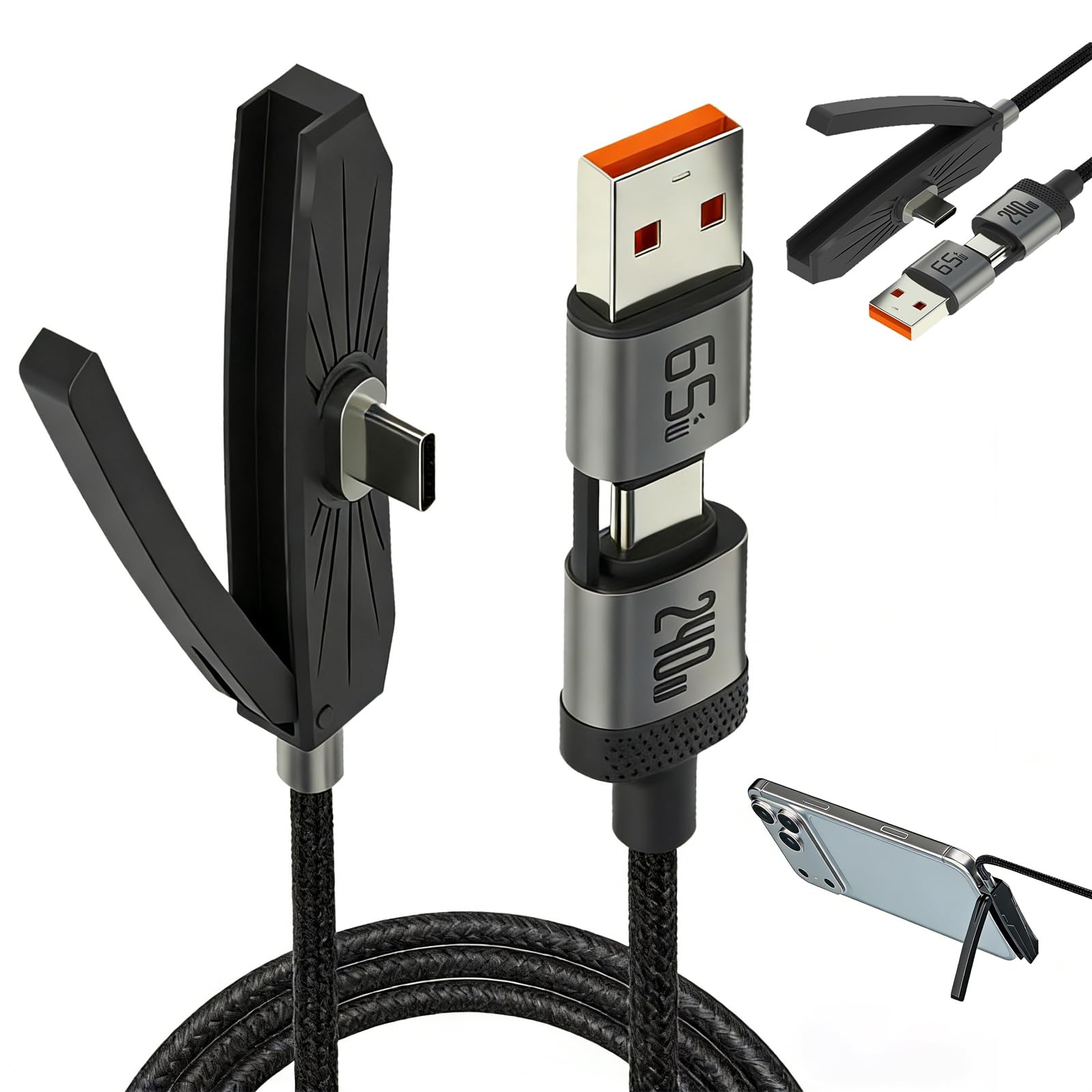 Caricatore invisibile 3 in 1 per telefono,2M Caricatore Telefono Laterale,Ricarica Rapida 240w+65w,Cavo di ricarica con supporto per smartphone,tablet,giochi e ufficio,cavo di ricarica rapida(B-C+C-C) - 2