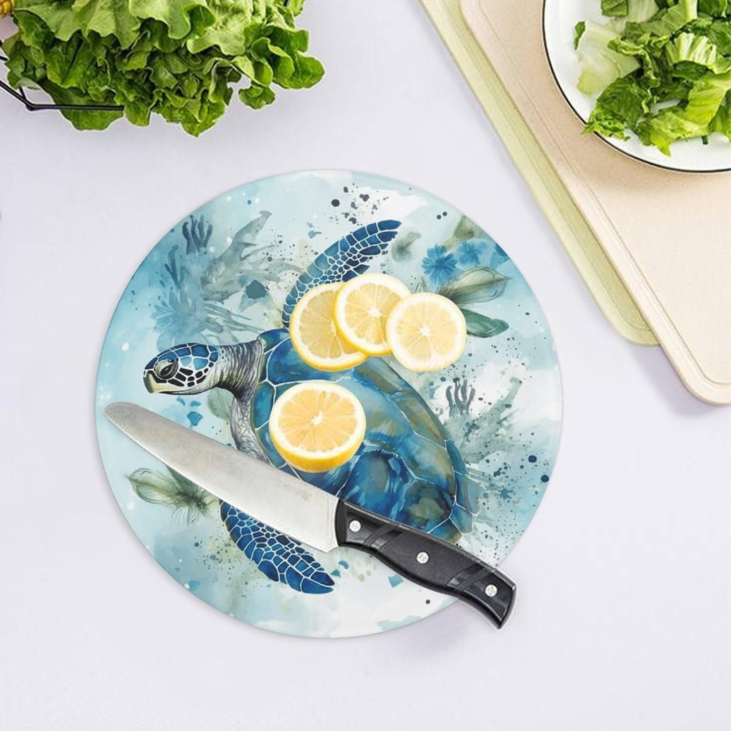 Sea Turtle-Blue Chopping Block Tempered Glass Cutting Board Mats Round Countertop Cutting Boards Small Charcuterie Boards Bar Cheese Board Snack Tray