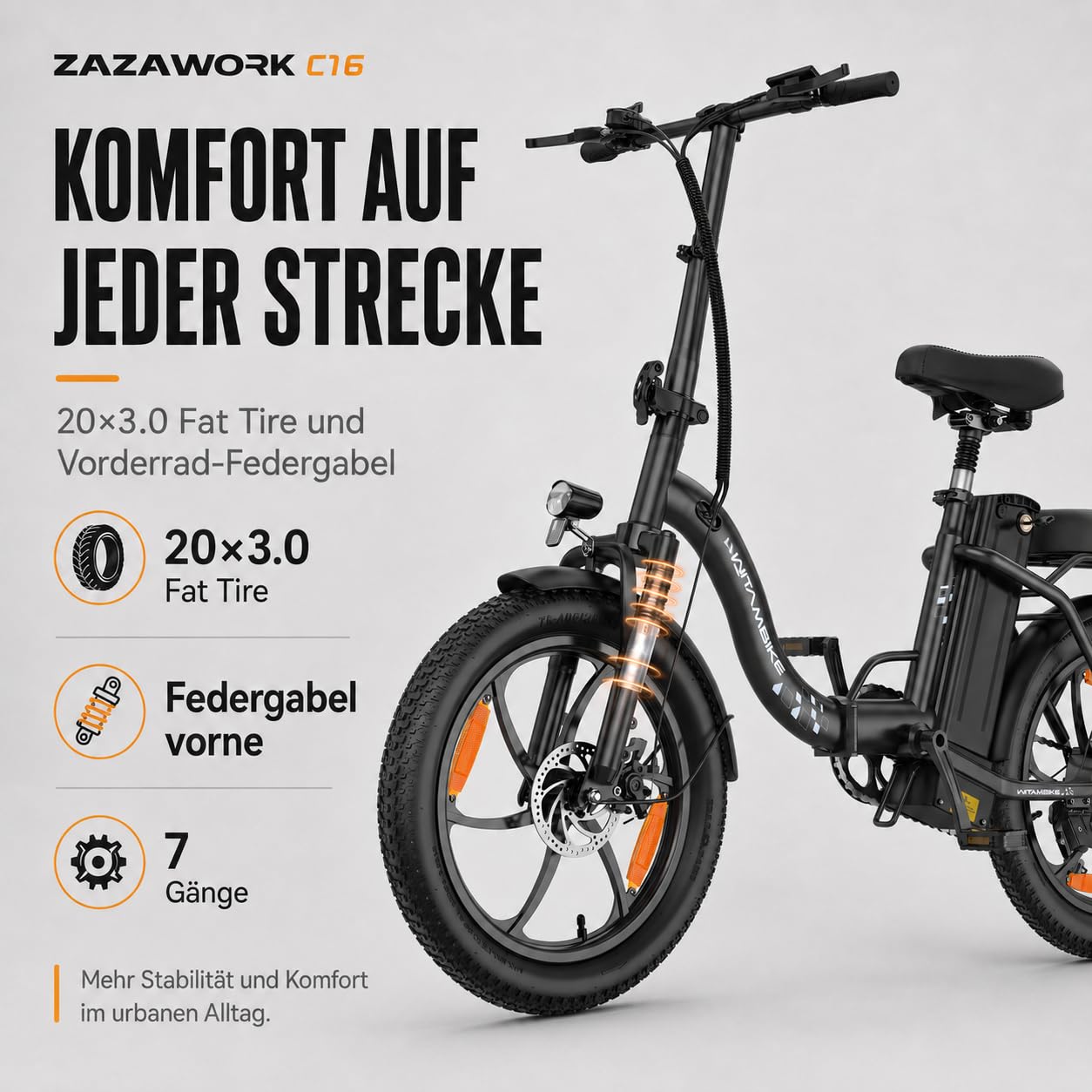 WITAMBIKE C16 E Bike Klapprad 20 Zoll für Herren Damen, 250W Pedelec, 48V 16Ah Akku bis 100 km, Fatbike Elektrofahrrad für Pendeln und Reisen, 7-Gang, Federgabel, Scheibenbremsen