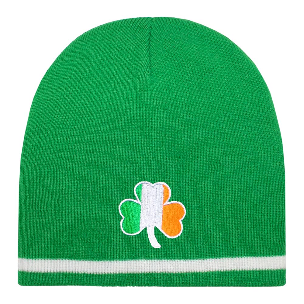 Teddyt's Men's Bright Green Ireland Flag Irish Clover Embroidered Green Beanie Hat