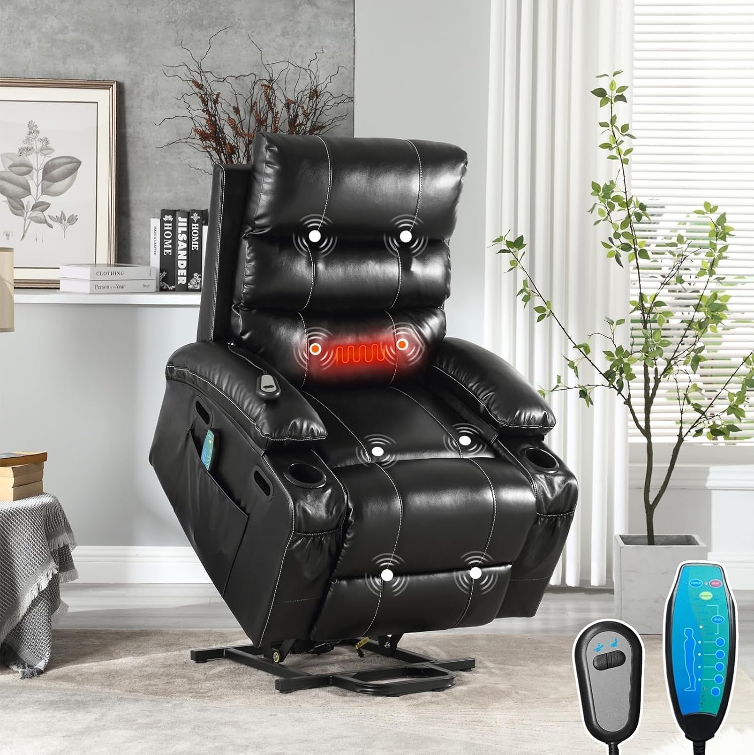 Oversized Electric Recliner Chair Adult Electric Power Lift Recliner Massage Chair with Heat & Massage, Upholstered, w/Cup Holders (Black) Lounge Sofa Home Theater Seating Electric Recliner