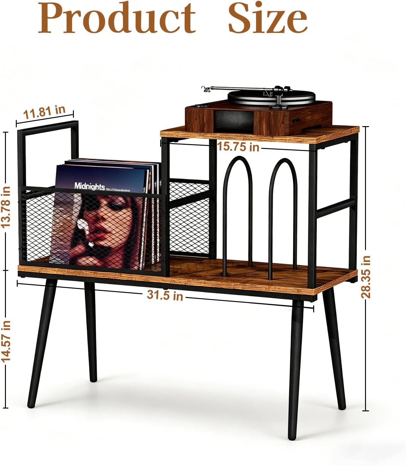 Record Player Stand with Vinyl Record Storage, Holds Up to 200 Albums, Record Storage Cabinet & Record Stand, Vintage Industrial Turntable Stand with Adjustable Feet for Living Room