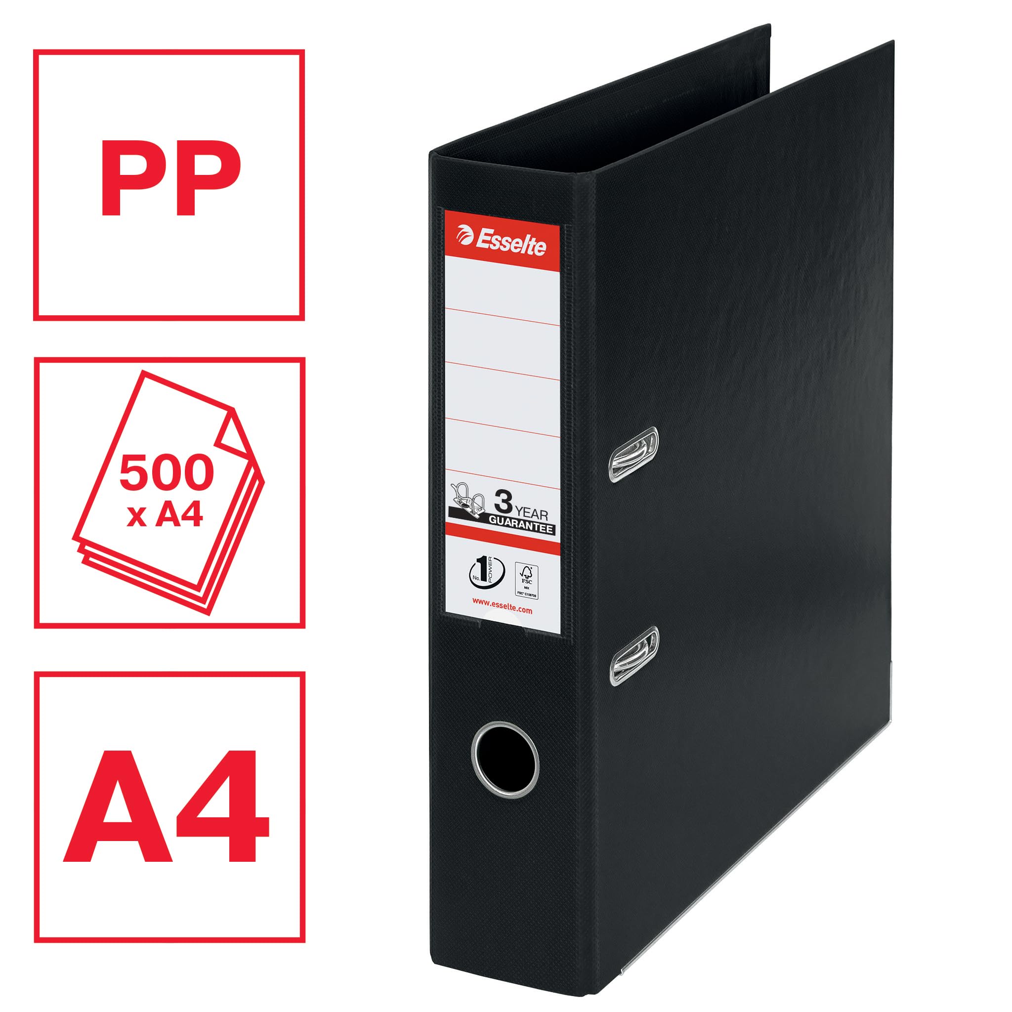 Esselte, Classeurs à levier A4 N°1, Noir, Dos de 75 mm, Plastique, Lot de 10, Gamme Vivida, 811370