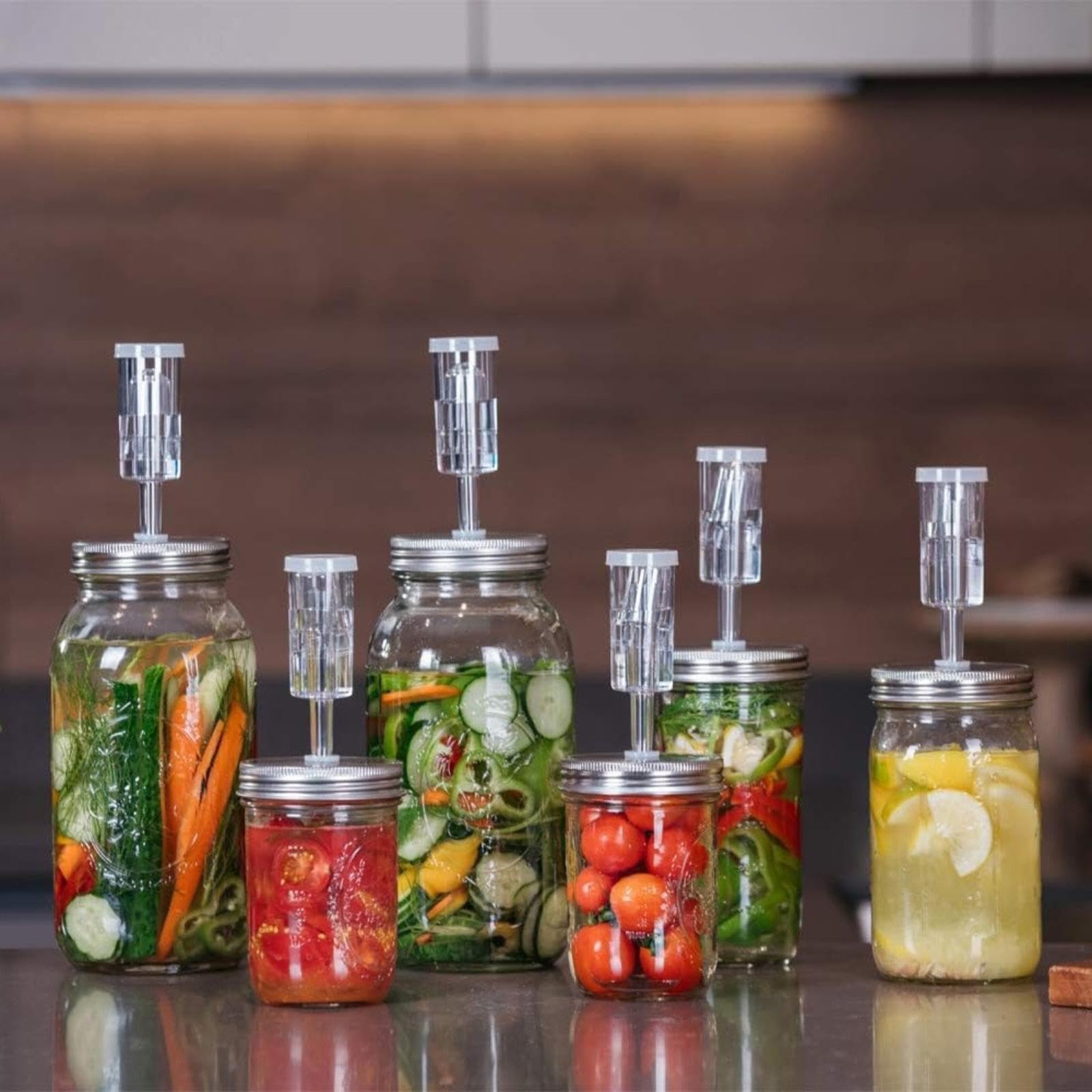 Kit di fermentazione per barattoli Mason a bocca larga, set da 4 coperchi per fermentazione con chiusure ermetiche e pesi in vetro per sottaceti/crauti, set facile per la fermentazione (barattoli non