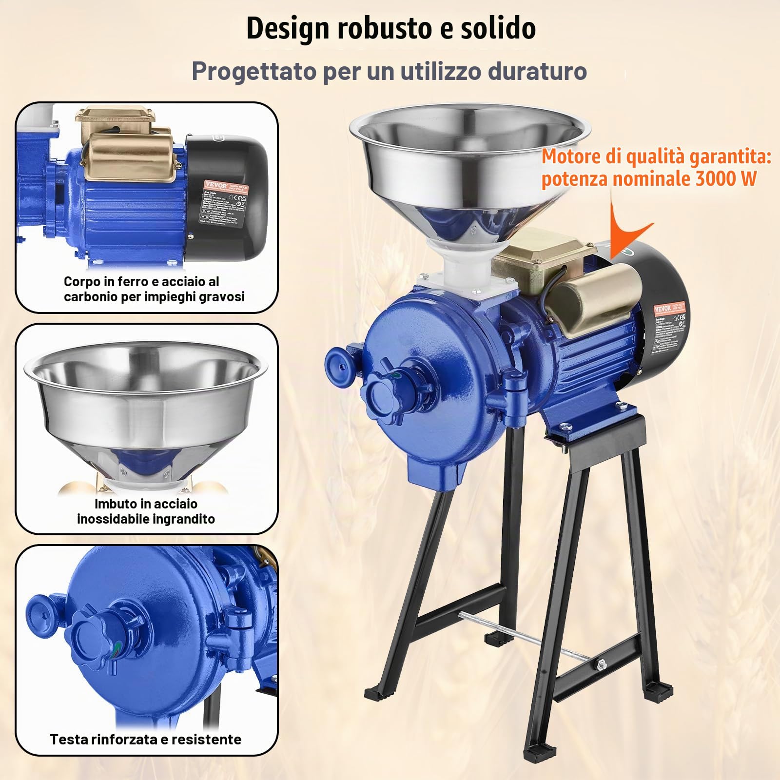 VEVOR Mulino Elettrico per Cereali, Mulino per Mais con Imbuto, Macchina per Polvere Spessore Regolabile, Mulino per Cereali per Farina Impieghi Gravosi, Macina a Secco o Umido, Macina Spezie 3000 W