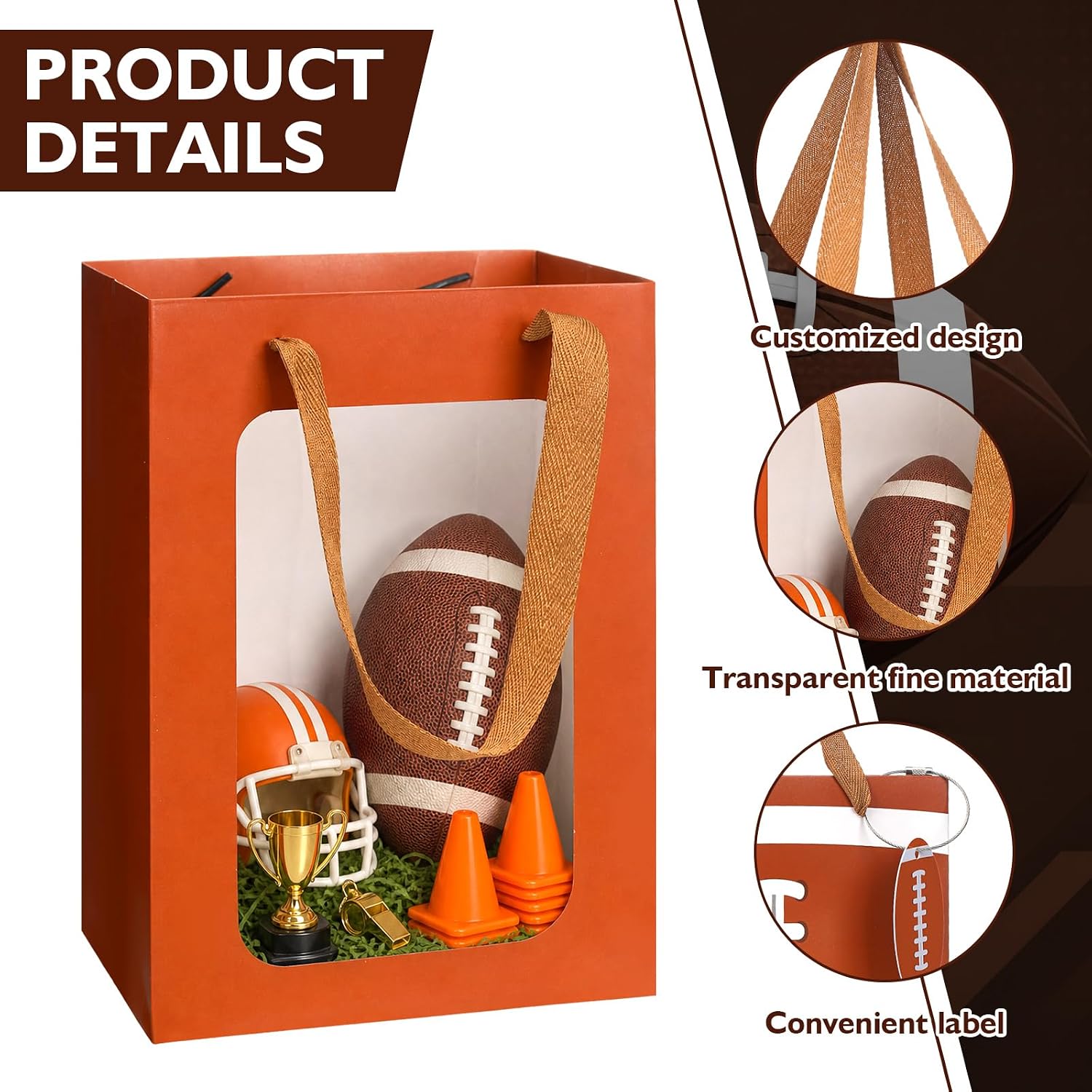 Sunnymove 12 Pcs Football Gift Bags with Tags, Clear Window 7 x 5 x 10 Inch image 3