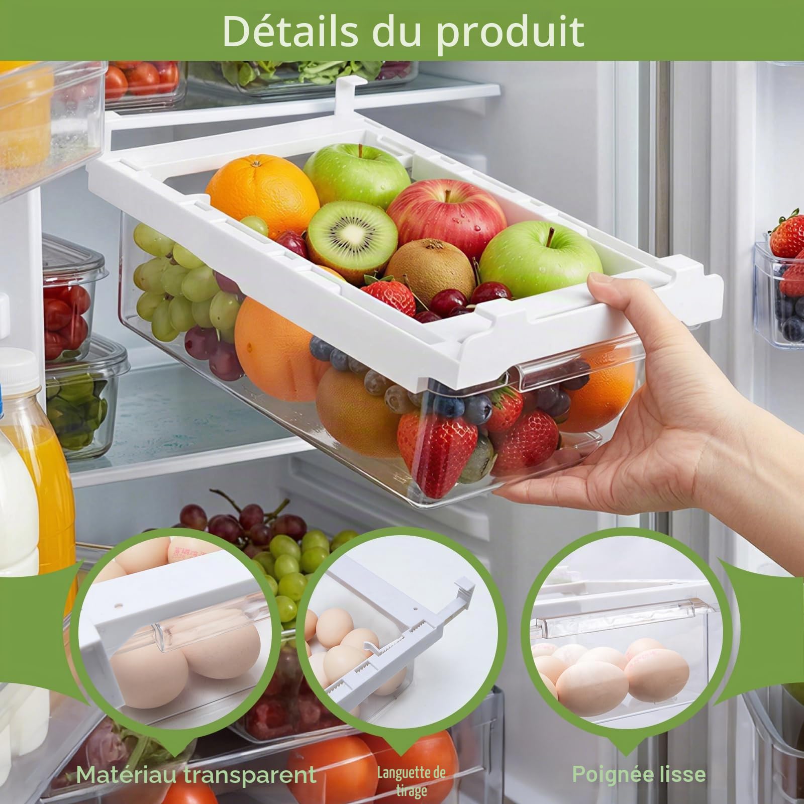 2PCS Organisateur Frigo Tiroir Coulissant Universel - Boîte De Rangement Réfrigérateur Extensible & Transparente - Bac Suspendu Pour Fruits, Légumes - Gain De Place & Installation Facile (Sans BPA)
