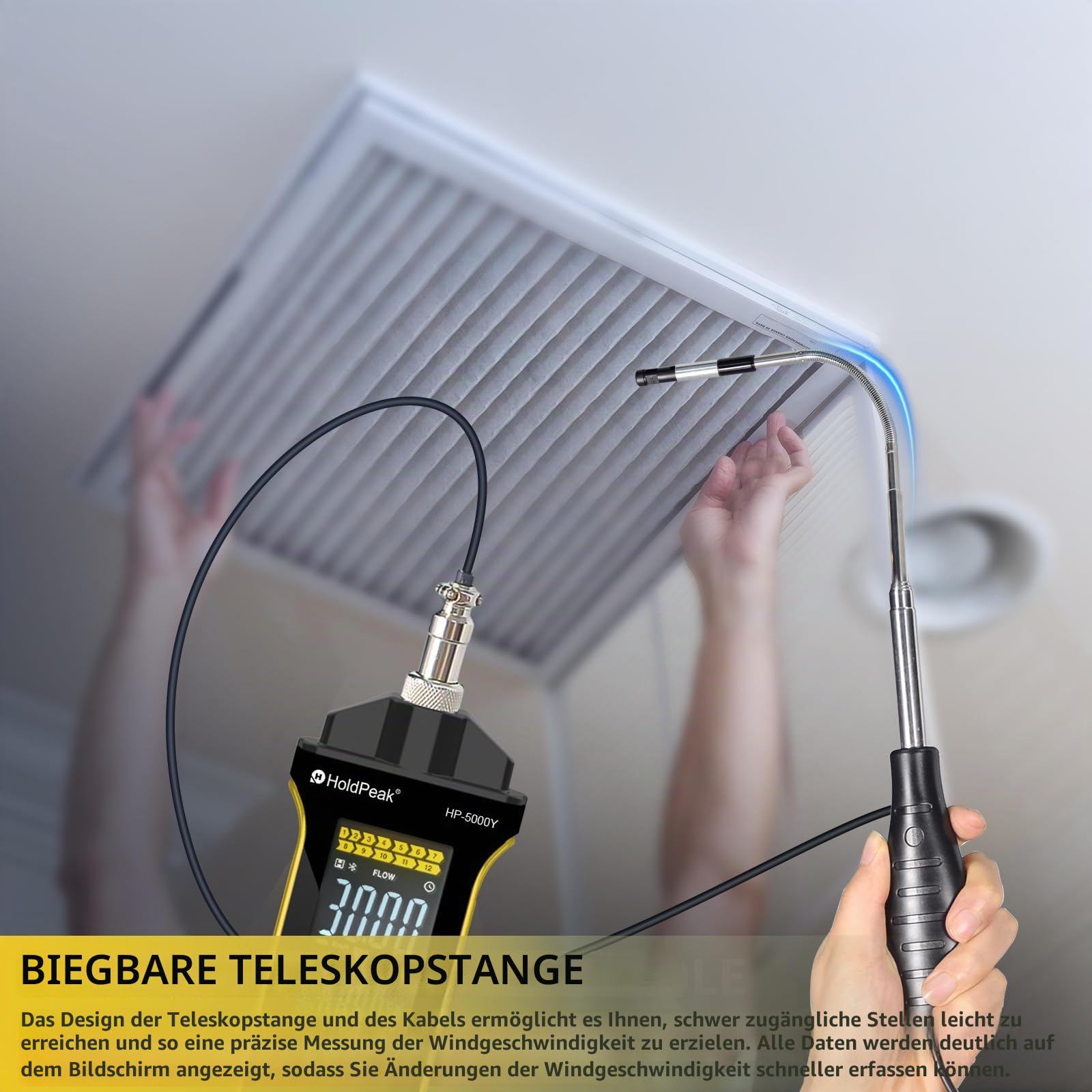 HOLDPEAK Profi-Heißdraht-Anemometer – Präzises digitales Windgeschwindigkeits-Messgerät für CFM/CMM, mit Temperaturmessung, Teleskopsonde, beleuchtetem Display und USB-Datenexport