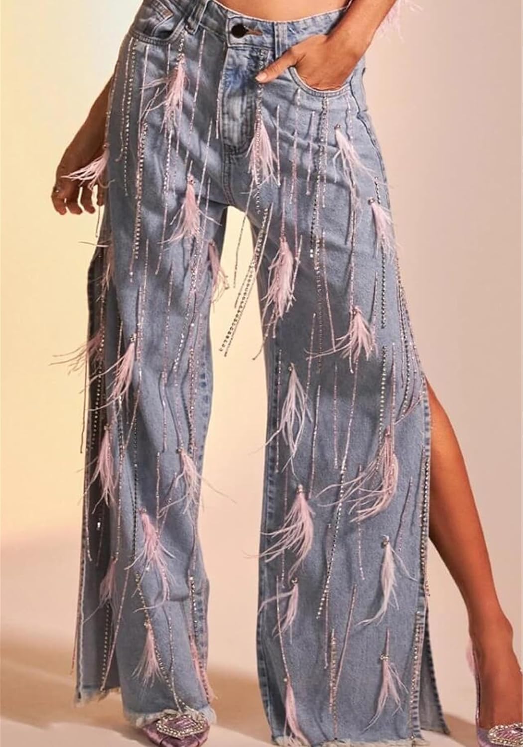 Women's Rhinestone Tassels Jeans High Waist Sright Leg Baggy Y2K Sparkly Side Slit Fringe Feather Denim Pants - Image 2