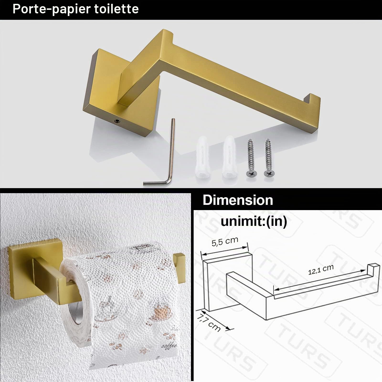 TURS Q7GD-4PC-60CM Lot de 4 accessoires de salle de bain en acier inoxydable carré porte-serviette, fixation murale, or brossé, Q7GD-4PC-60CM