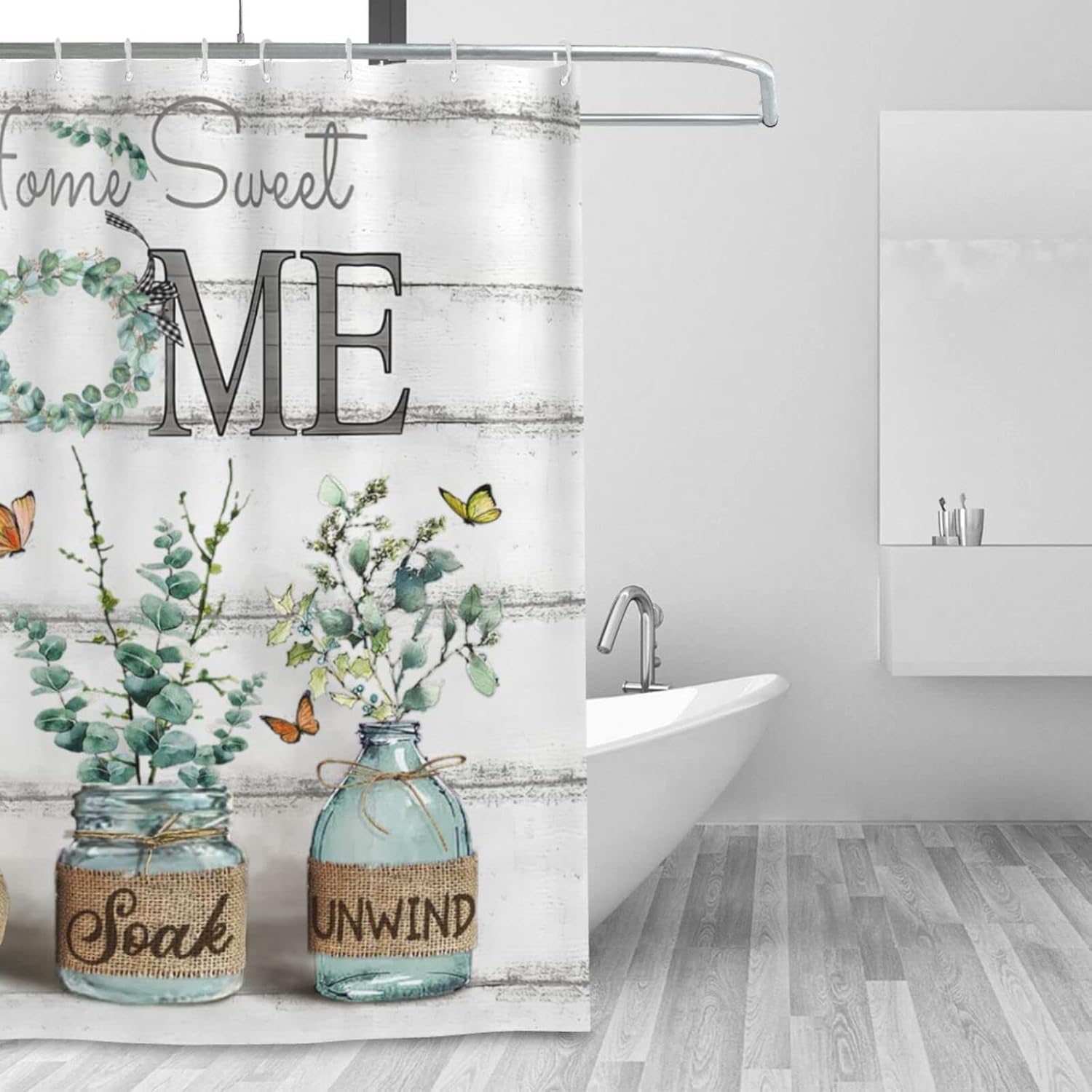 Tijuboni Farmhouse Shower Curtain Green Eucalyptus Shower Curtains for Neutral Country Bathroom Decor Rustic Butterfly Botanical Shower Curtain Set Waterproof Polyester Fabric 60 x 72 Inch
