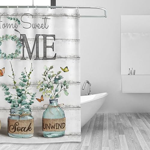 Miniatura 2 de Tijuboni Cortina de ducha de eucalipto verde para decoración de baño de campo neutro, juego de cortina de ducha rústica con mariposas botánicas,