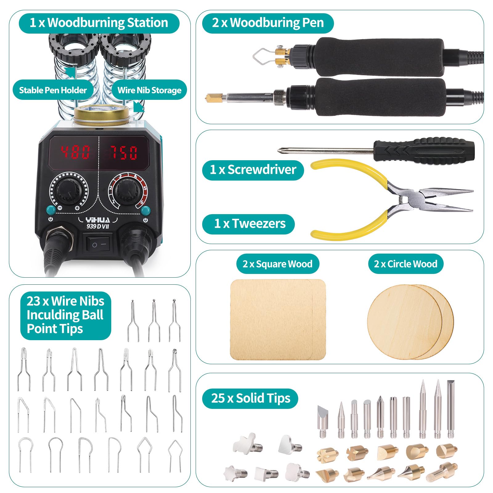 YIHUA 939D-VII pirografo professionale Kit per penna a bruciatura del legno Stazione 2-in-1 Solid-Point 200-480°C (con display di temperatura)/Wire-Nib 250-750°C con 23 punte, 25 punti solidi