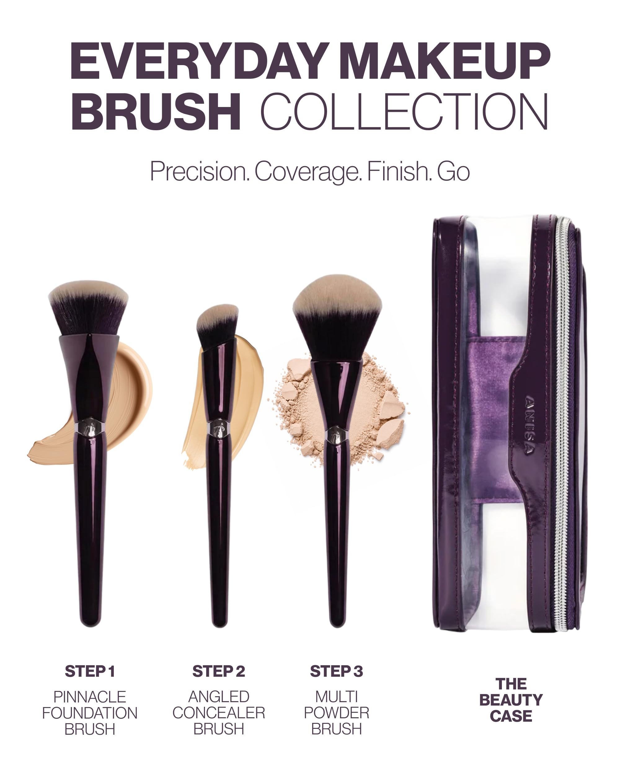 Anisa Beauty Starter Everyday - Juego de 3 brochas de maquillaje esenciales | Para aplicación de base, corrector y polvo: fibras sintéticas suaves para un acabado impecable y sin manchas