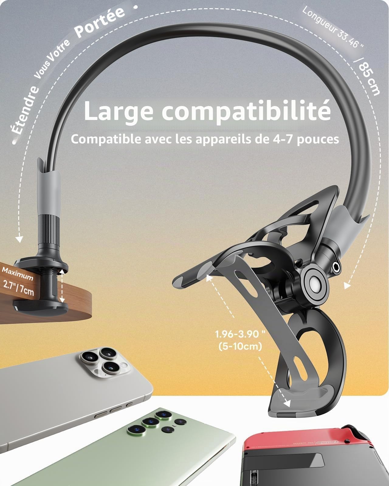 SAIJI Support de téléphone portable pour lit, col de cygne - Bras long rotatif à 360° - Pour iPhone 17, 16, 15, 14, 13, 12 Pro, écran de 4" à 7" - Noir