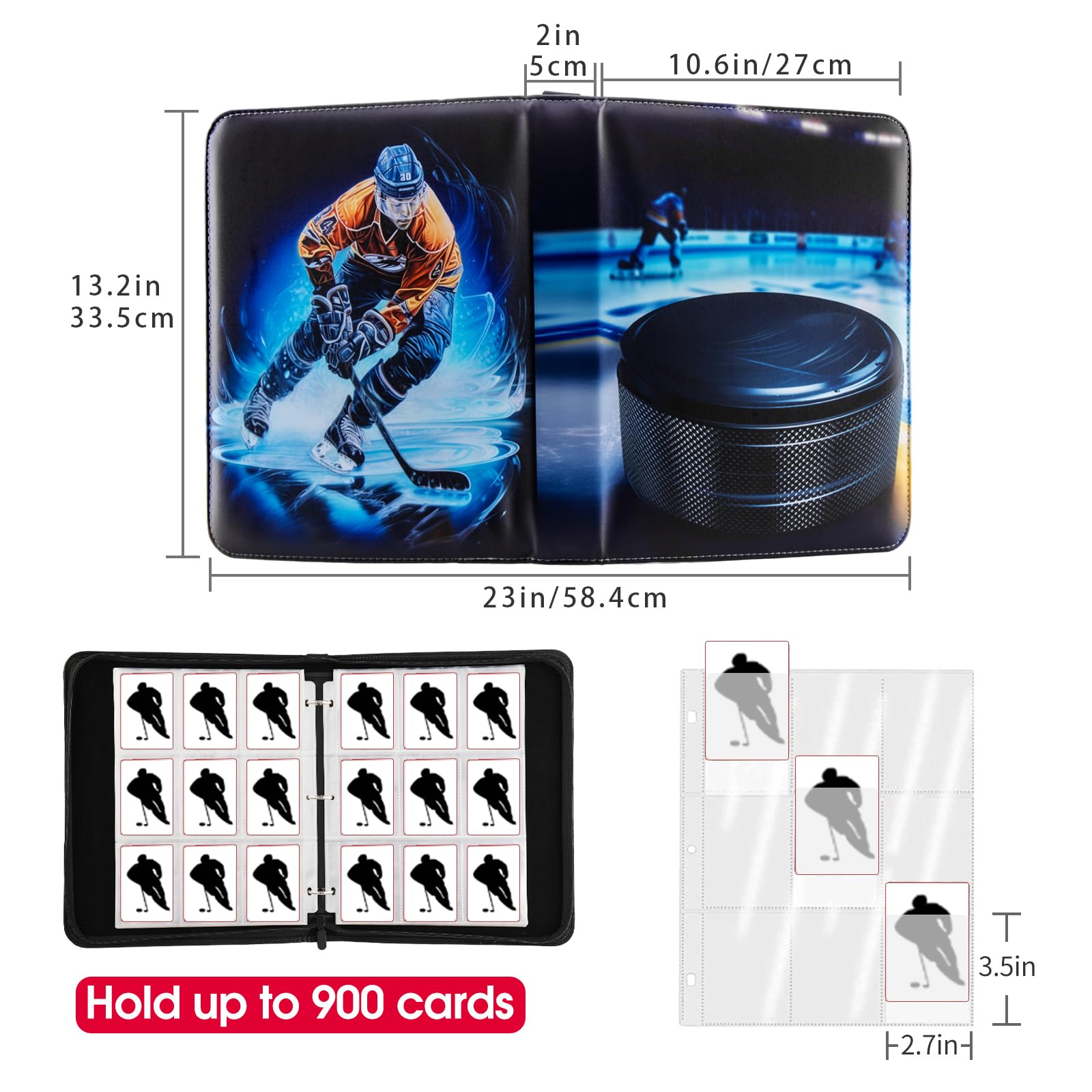 Sports Card Storage Binder Hockey Card Binder With 900 Pockets 9-Pocket Sleeves, Zipper Closure, 3-Ring Album For Trading Cards 3 Ring Binder For Sports Cards Sports Card Storage Binder Hockey Card Binder With 900 Pockets 9-Pocket Sleeves, Zipper Closure, 3-Ring Album For Trading Cards 3 Ring Binder For Sports Cards