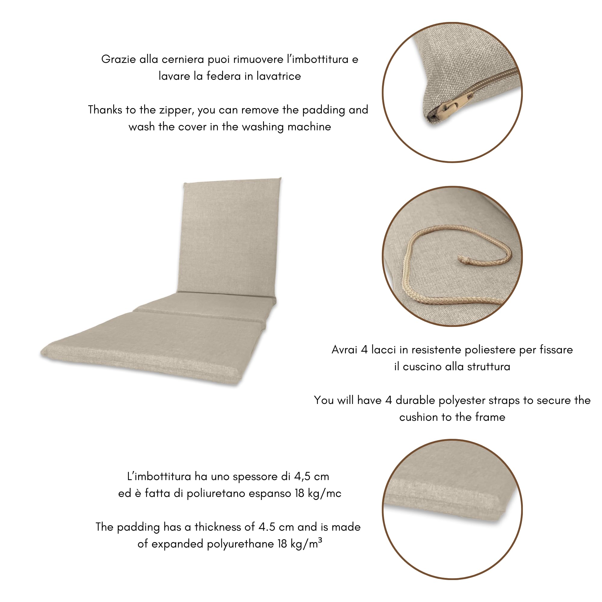 Il Tuo Artigiano Design Coussin Rembourré pour Lit de Soleil Artisanal Totalement Déhoussable fabriqué en Italie - 190x60 cm (Avoine)