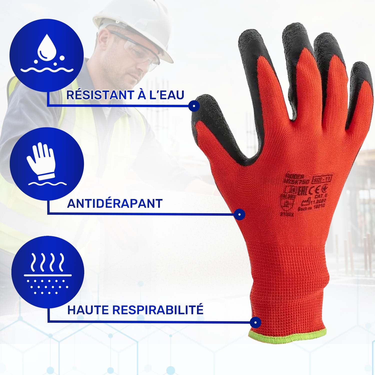 MONTERAL 60 Paires Gants de Travail Taille 8 M Protection Cat II Recouverts de Latex Anti-Slip - Gant de Travail Homme et Femme Utilisés pour Jardinage Travail Manutention Mecanicien Chantier