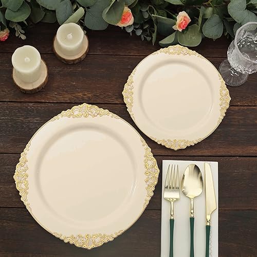 Miniatura 8 de Efavormart - Paquete de 10 platos llanos redondos de plástico de 10 pulgadas en marfil vintage, platos desechables barrocos en relieve de hojas de