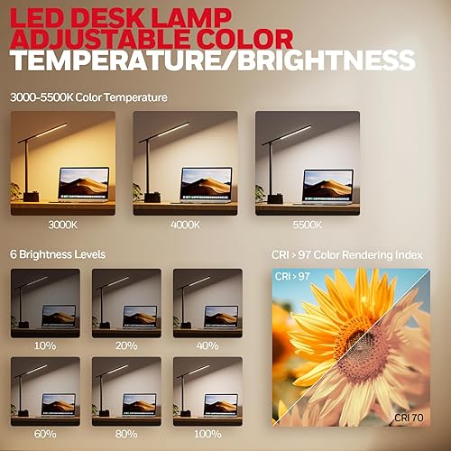 Miniatura 2 de Honeywell Lámpara de escritorio LED H01 mejorada para oficina en casa con puertos de carga USB A+C, luz de escritorio plegable regulable para