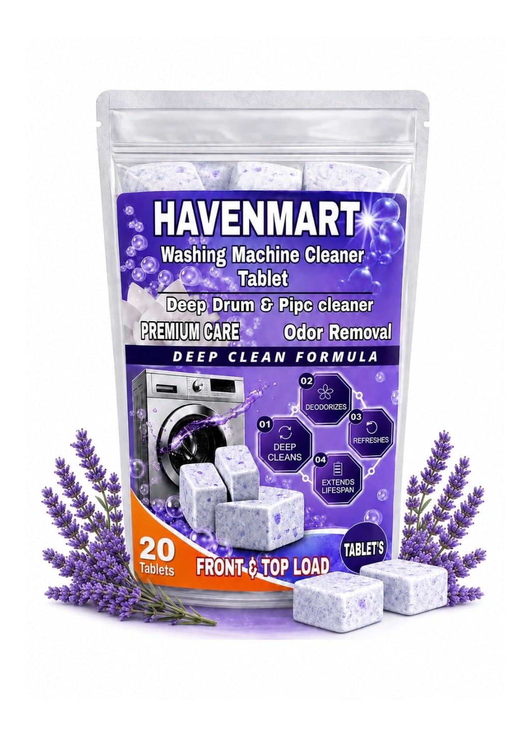 washing machine cleaner tablets (20 tablets) | drum & pipe deep cleaner | lavender scent | removes odour, limescale & residue | for front load & top load fully automatic washing machines (lavender)