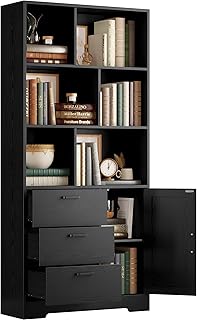 IRONCK Bookshelf with Drawers, 70.9 inch Tall Bookcase with Doors, Books...