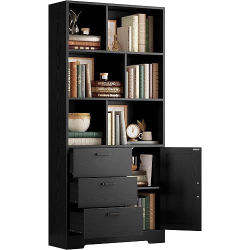 IRONCK Bookshelf with Drawers, 70.9 inch Tall Bookcase with Doors, Bookshelves and Bookcases with Storage, Bookshelf with 6 Open Cubes for Home Office, Living Room, Study, Black