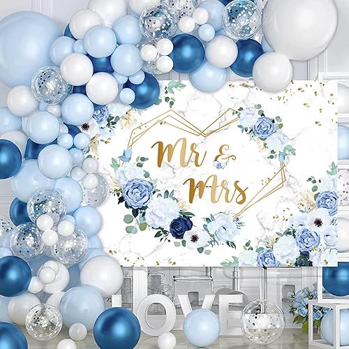 Miniatura 5 de AIBIIN Telón de fondo floral de Mr and Mrs de 7 x 5 pies para despedida de soltera, flores azules y blancas, fondo de fotografía, corazones