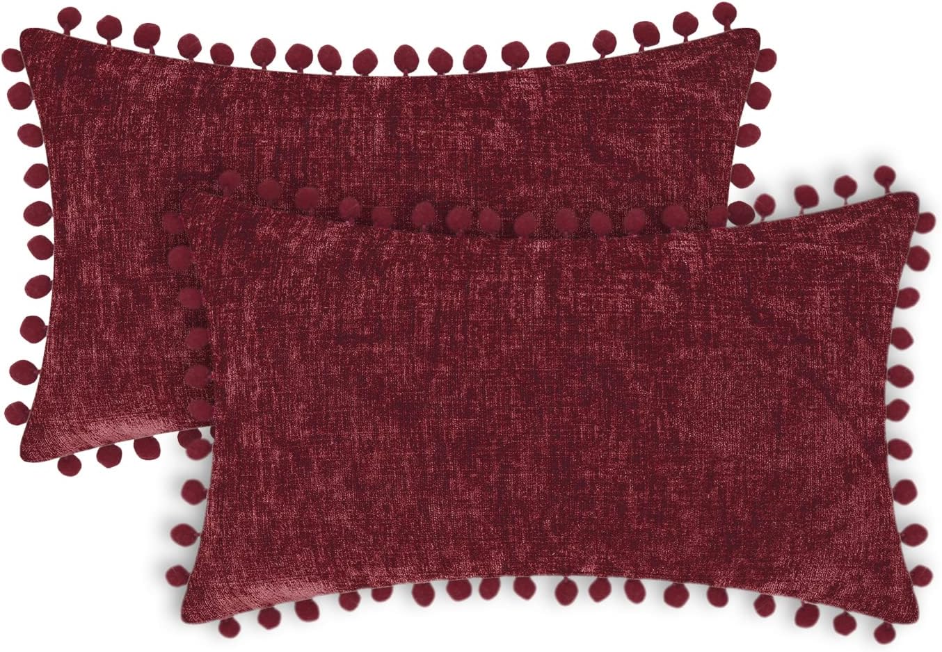 CaliTime Pillow Cases Pack of 2 Cozy Solid Dyed Soft Chenille Cushion Covers with Pom Poms for Couch Sofa Home Decoration 30cm x 50cm Burgundy