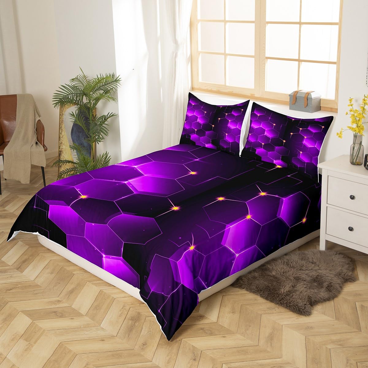 3D-geometrische Bettwäsche – Sechseckiges Bienenwaben-Set Mit 2 Kissenbezügen, Neonblau/Lila/Schwarz