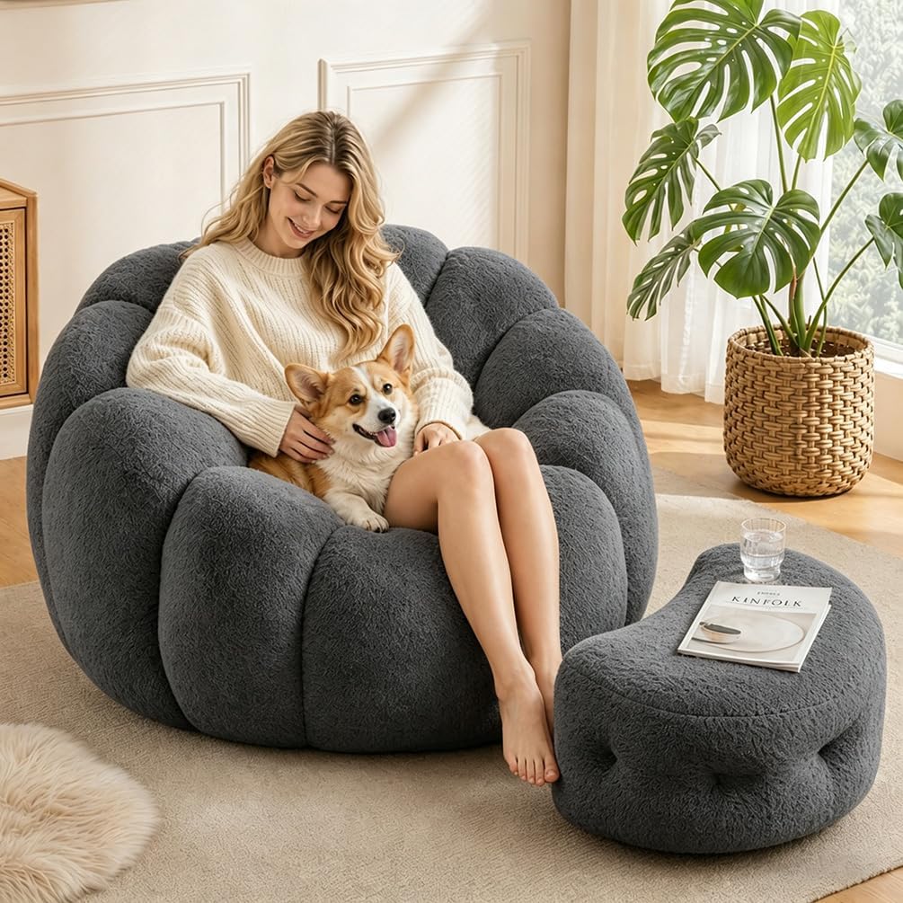 Flower Bean Bag Chair with Ottoman, Comfy Fuax Fur Beanbag for Adults & Teens, Fluffy Plush Floor Lazy Sofa for Bedroom, Living Room, Reading Nook, Grey