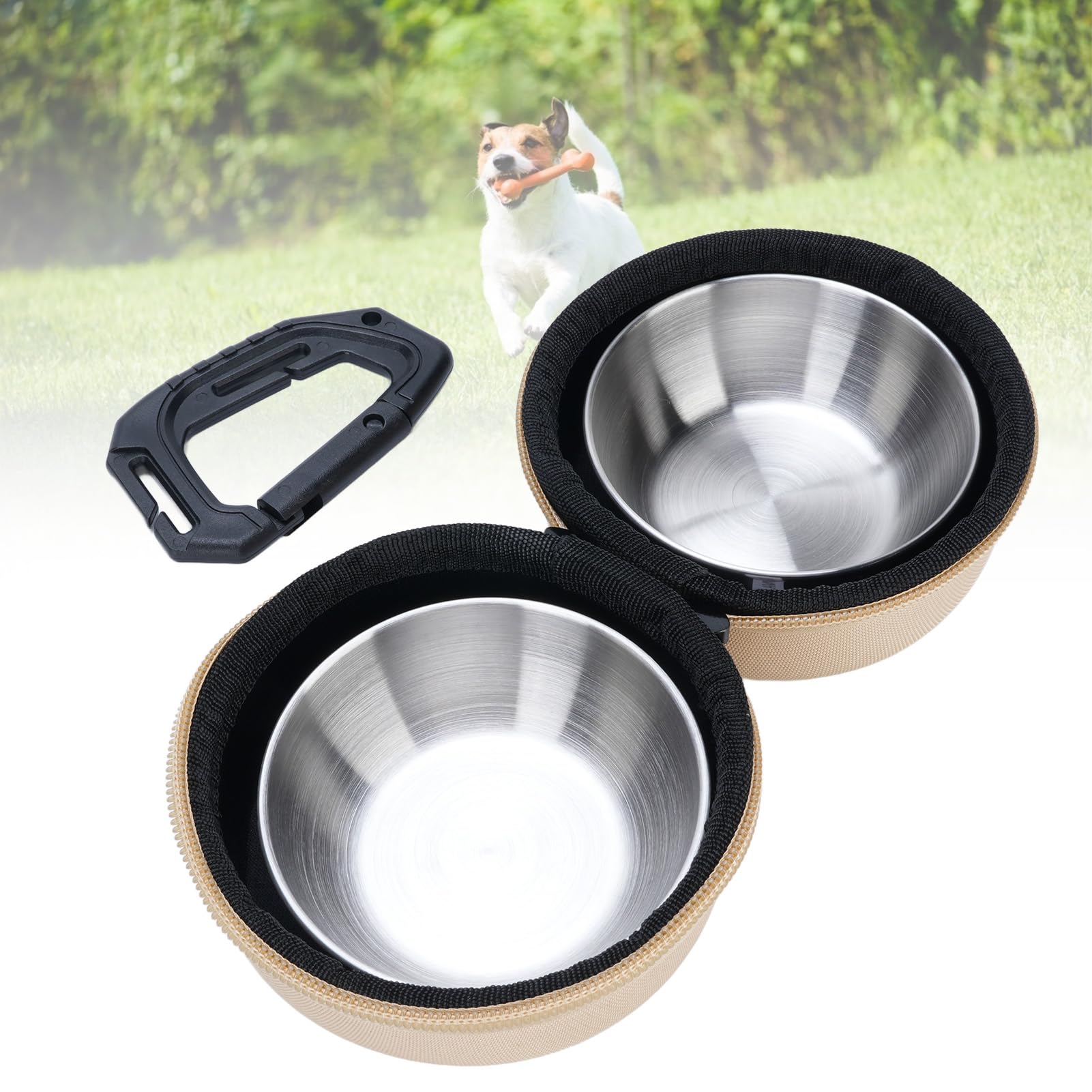 Stainless Steel Portable Pet Bowl, Large Lightweight Travel Dog Bowl with Storage Bag, Ideal for Camping, Hiking and Outdoor Activities, Convenient Mealtime (Khaki)