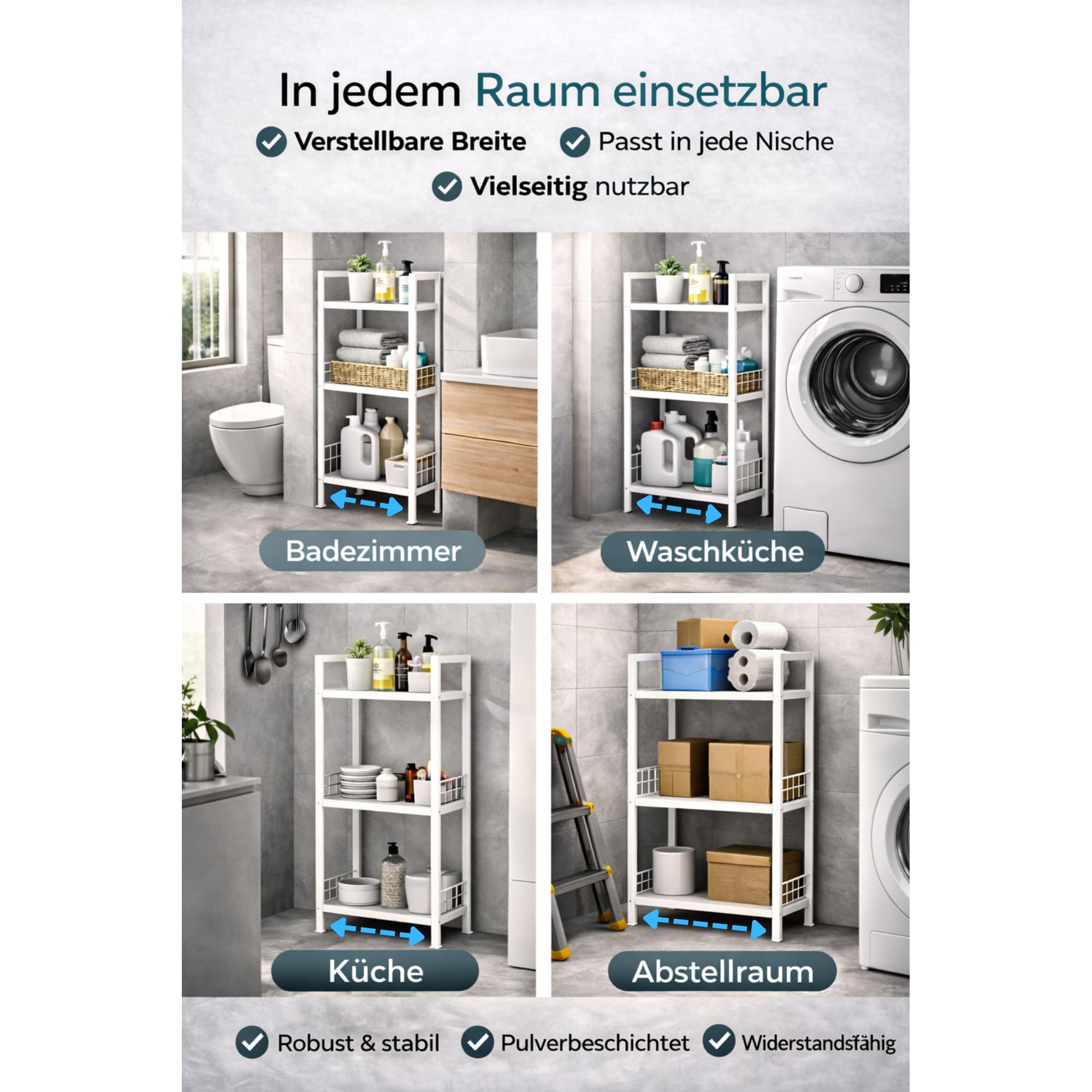 Verstellbares Nischenregal Metall – 21–32,5 cm ausziehbar – Schmales Badregal 3 Ebenen – Freistehend für Bad, Küche, Waschmaschine & Abstellraum – 60 kg belastbar