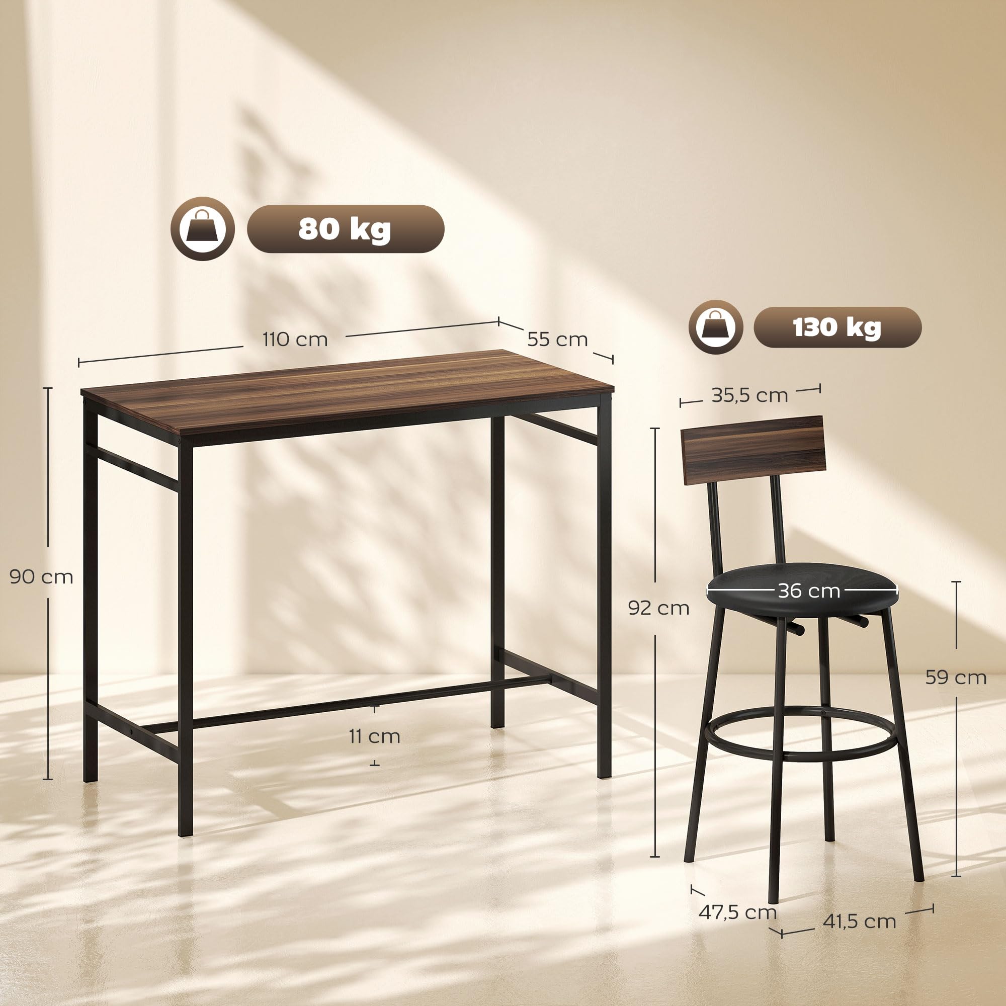 HOMCOM Bartisch mit Barhocker-Set Esstisch mit 4 Stühlen mit Fußstütze, Rückenlehne und Polsterung, Platzsparend Bartisch Set aus Stahl Industrial Küchentisch für Esszimmer, Küche, Braun