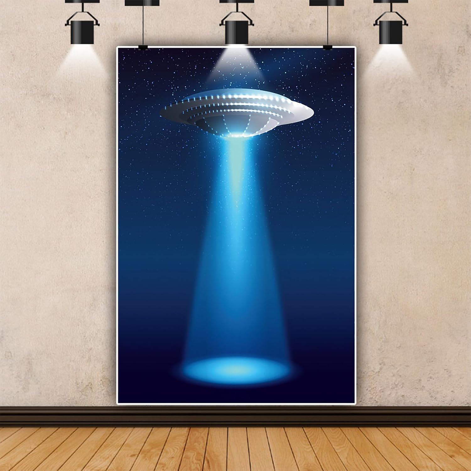 Renaiss 5x7ft UFO Alien Backdrop Blue Starry Sky Flying Saucer Spaceship Alien Spacecraft Photography Background Birthday Halloween Party Decor Adults Kids Sci-Fi Portrait Pet Product Photo Props