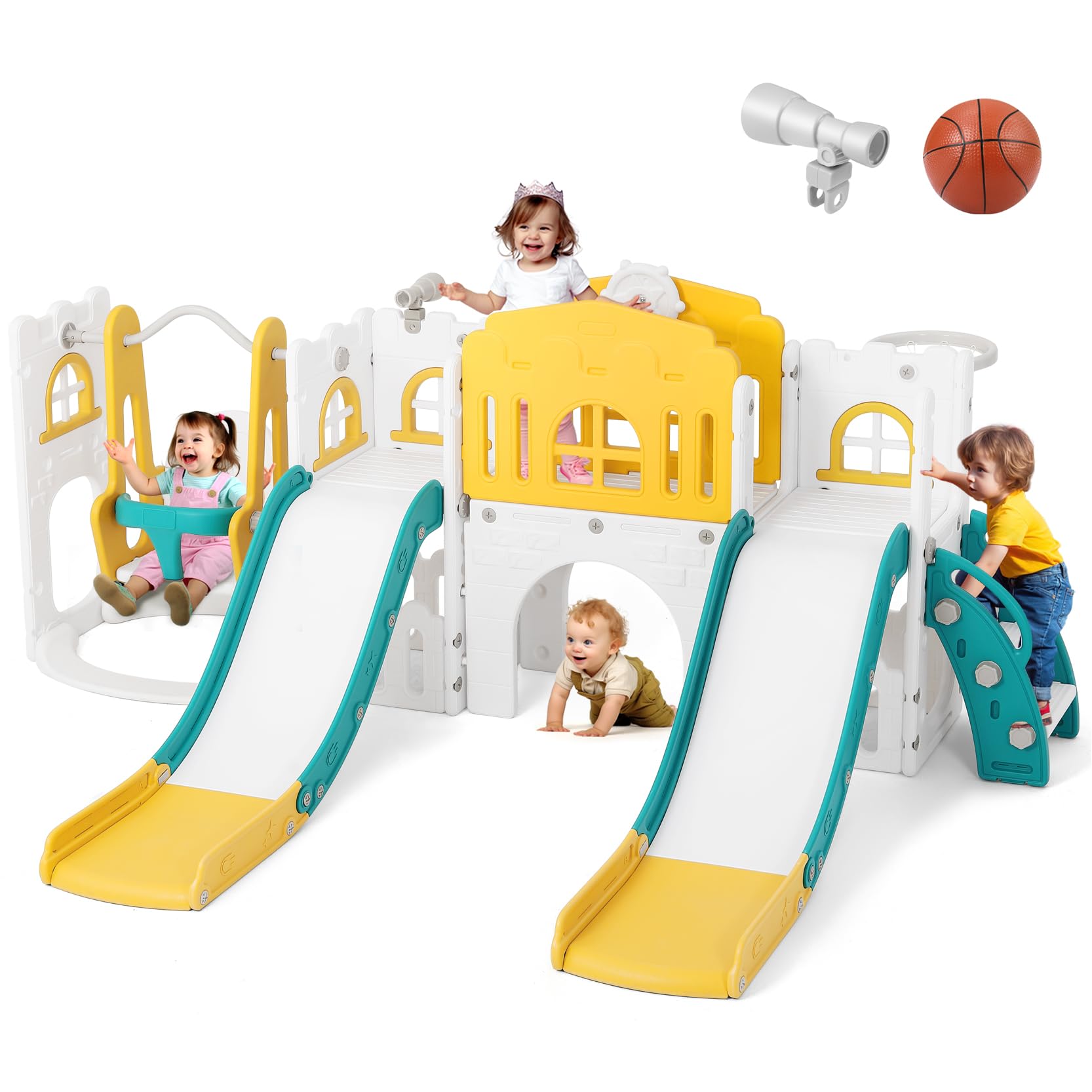 JOYLDIAS 10 in 1 Toddler Slide, Double Kid Climber Slide Playset w/Swing, Basketball Hoop, Telescope, Tunnel, Storage Space and Non-Slip Steps, Indoor