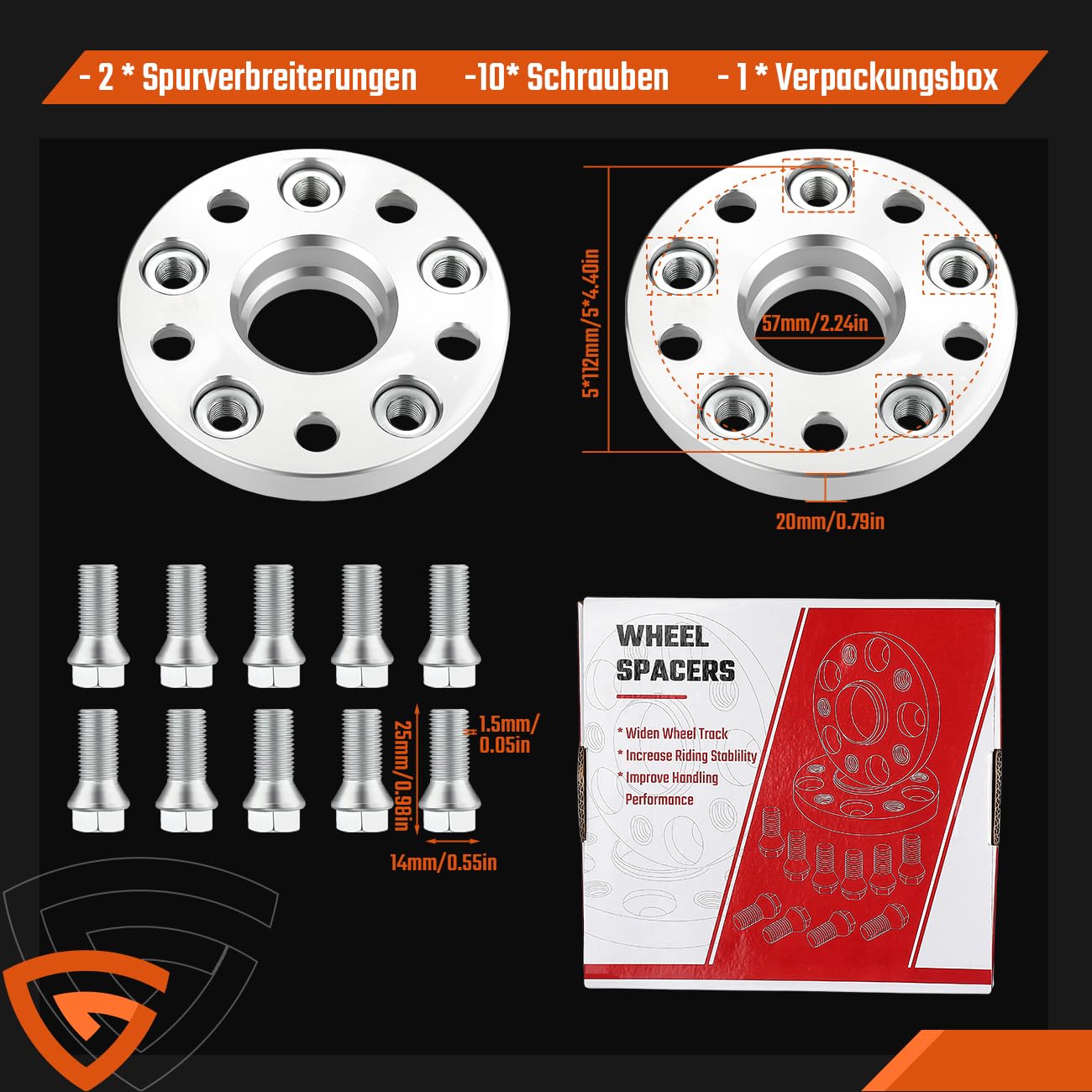 Spurverbreiterung Distanzscheiben 5x112mm NLB: 57 mm 2x20mm Spurplatten mit 10x Radschrauben M14x1.5X25 mm Kompatibel mit Audi Für VW Für Skoda Für Seat
