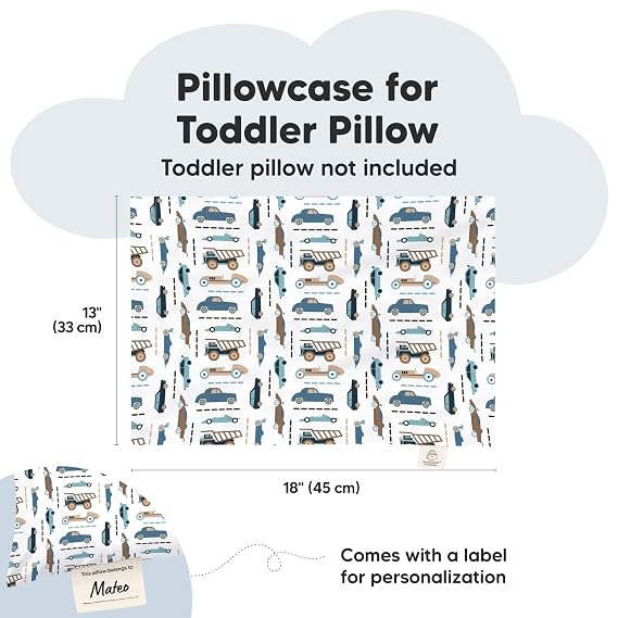 KeaBabies Toddler Pillowcase 13x18 - Organic Cotton Toddler Pillowcase for Kids, Boys, Girls, Soft & Durable Cotton Cover for Miniature Sleepy Pillows, Cute Colors, Pillow Sold Separately (Vroom)