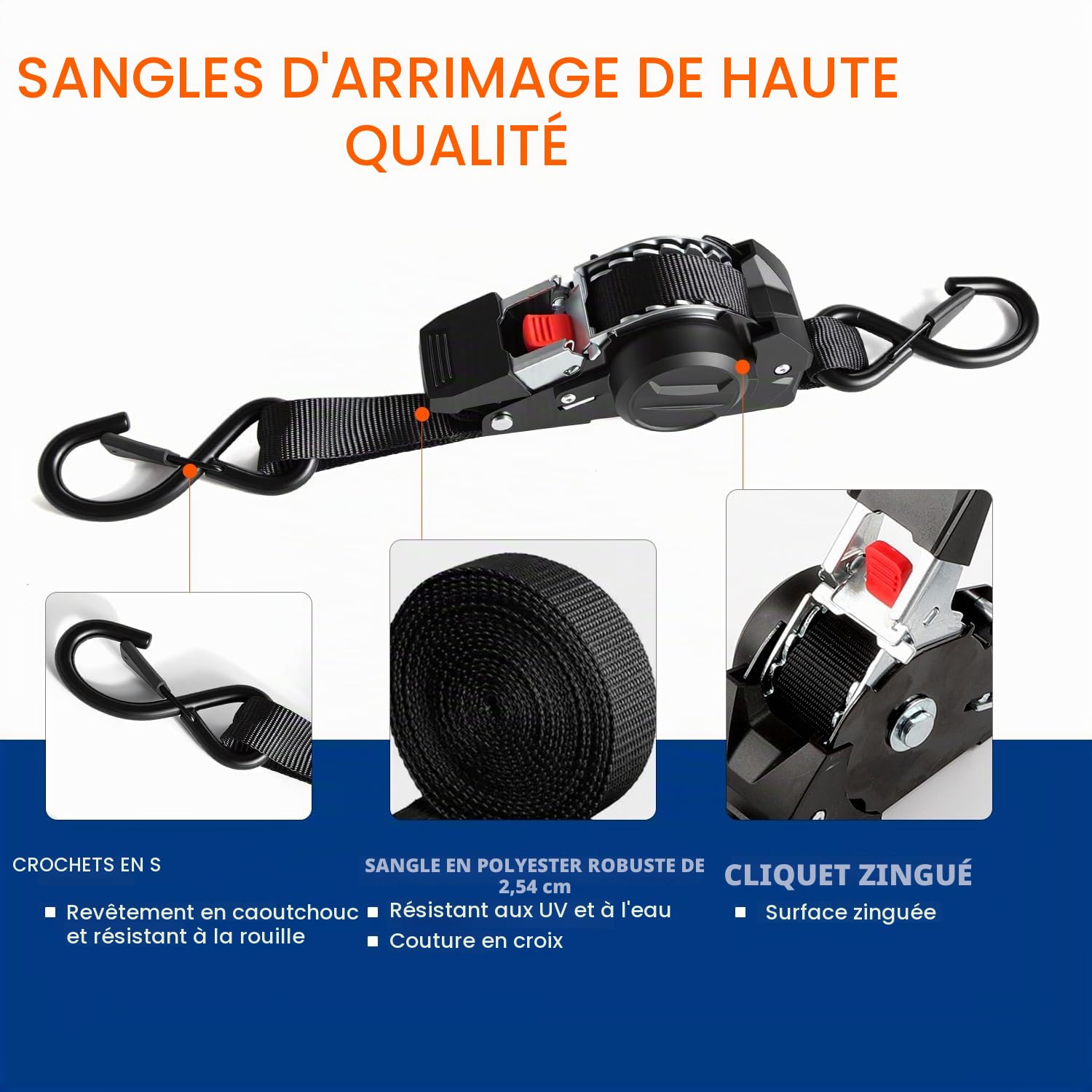 Lot de 4 Sangles à cliquet Automatique 3m x 25mm avec Crochets en S | 750kg Charge de Rupture | D'arrimage à rétraction Automatique pour Moto, remorque, Camion - Noir