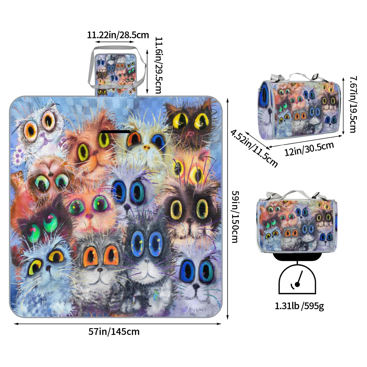 Shimoshe Picnic Blankets 57”x 59”, Watercolor Cat Waterproof Sandproof Picnic Mat Lightweight Foldable Beach Blanket for Camping Park Grass Beach Outdoor Blanket