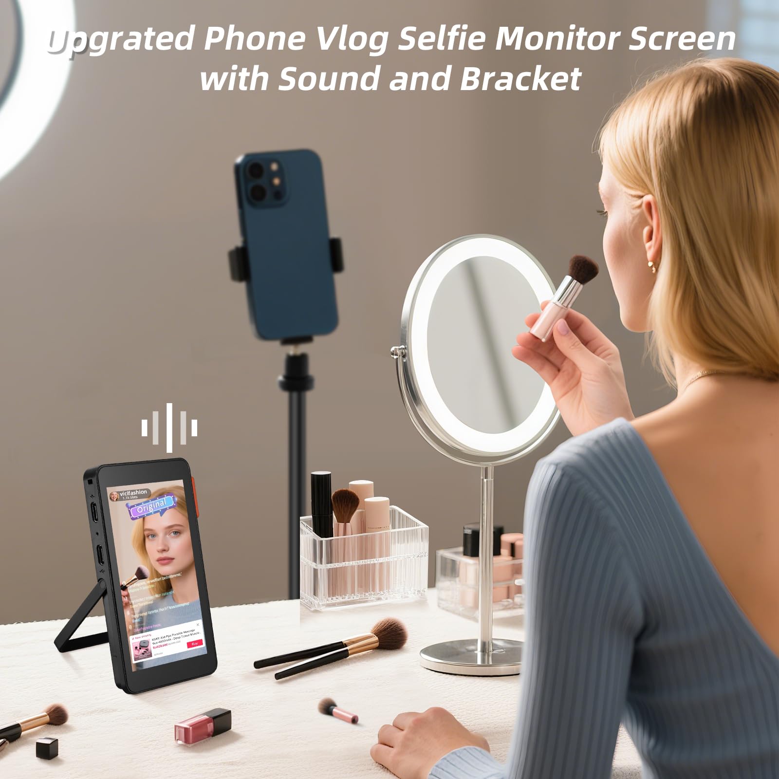 Koolertron 4 Zoll Handy Selfie Monitor mit Lautsprechern und Ständer, Magnet Rückkamera Selfie Monitor iPhone Android, Kabellos 20-50M, Selfie Bildschirm für Teleprompter YouTube TikTok Live Stream