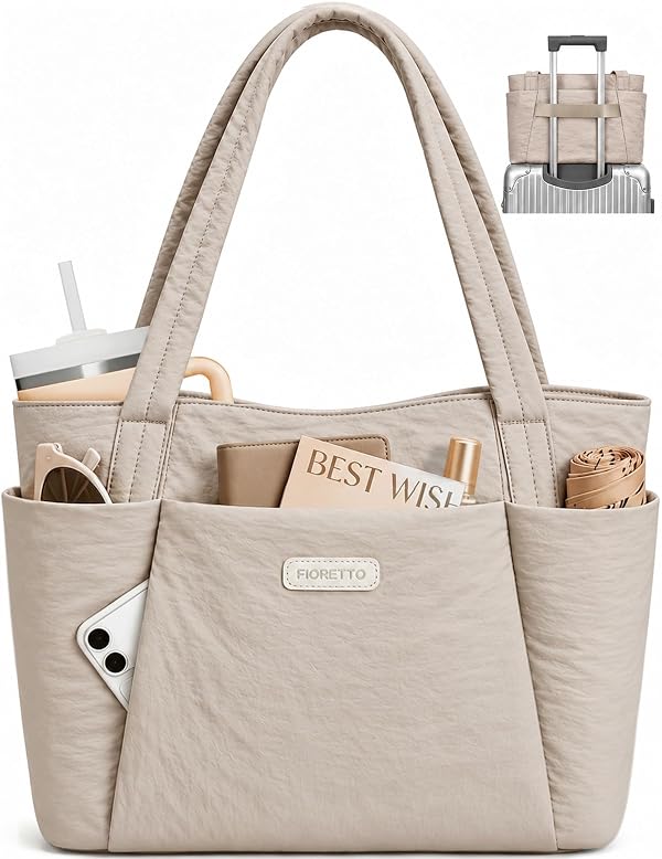 FIORETTO Puffer Tote Bag for Women, Work Tote Bag with Laptop Compartment, Zipper & Pockets for Travel, Nursing, College Taupe XL by FIORETTO - Used condition - US$24.49