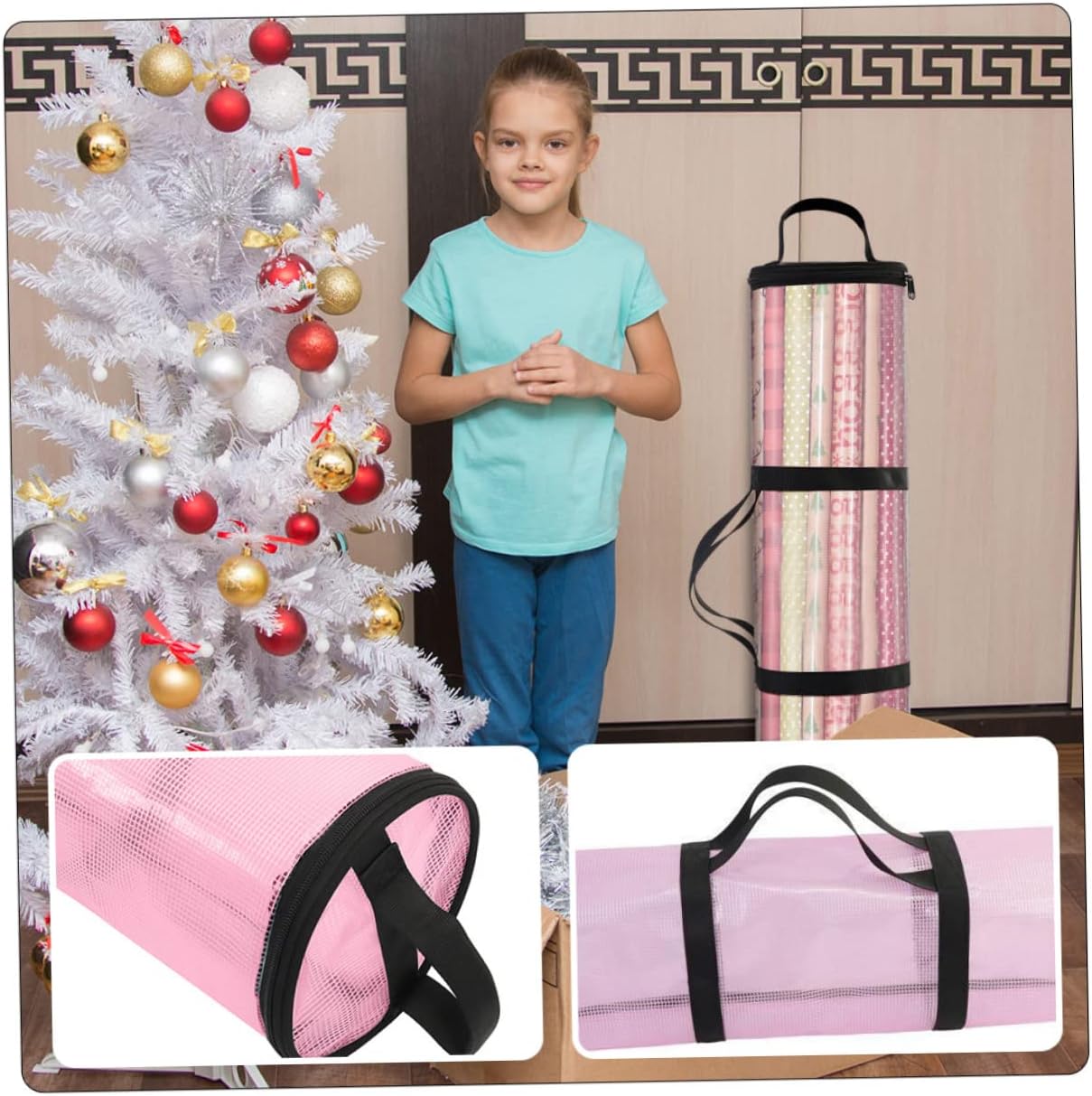 OHPHCALL Christmas Gift Pouch Cylindrical Storage Bag Xmas Plastic Pink