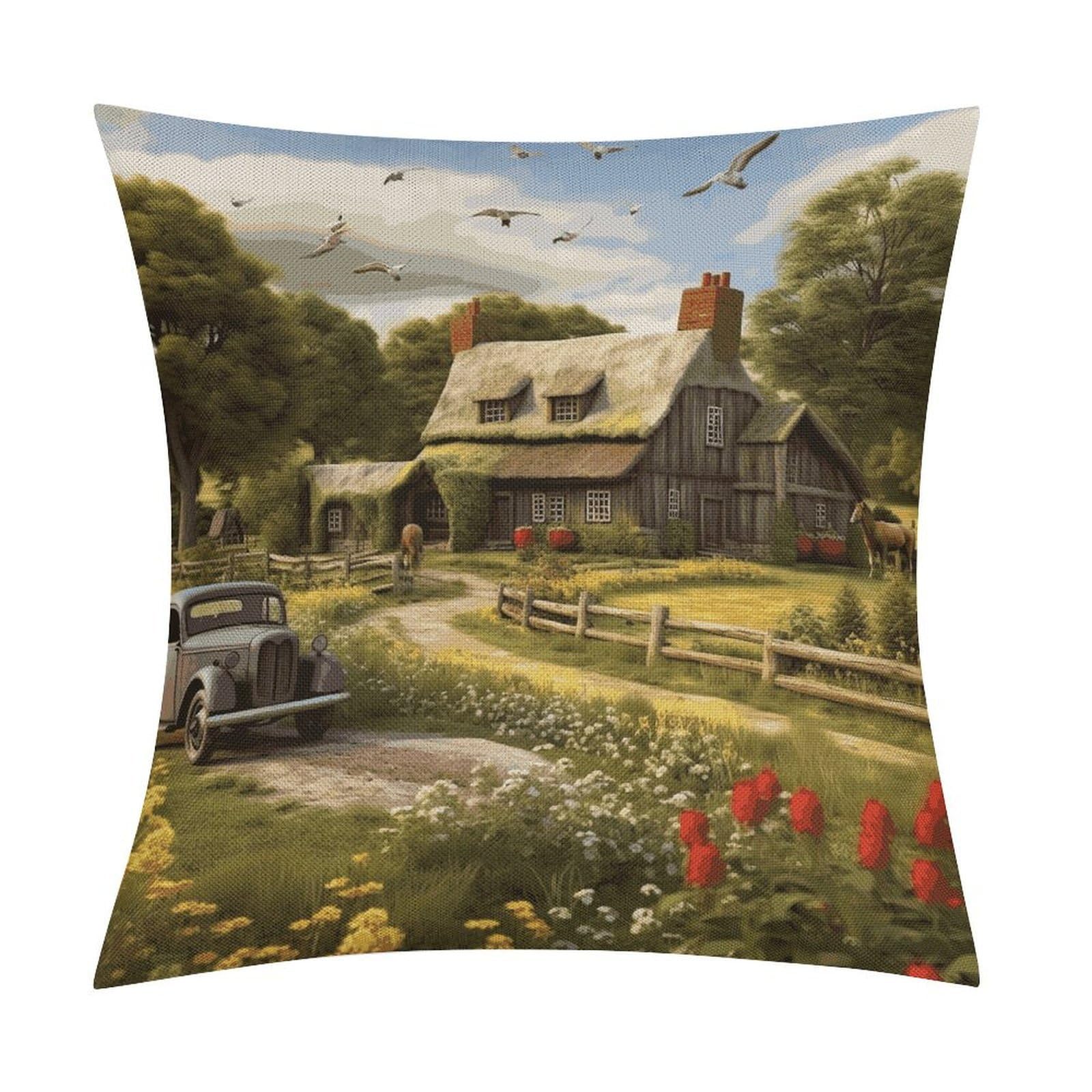 Fodpand Style Farm Thatched Cottage Pillow Covers 18X18 Inch, Pillow Cases Boho Farmhouse, Throw Pillow Covers For Couch Sofa Bed Spring Home Decor