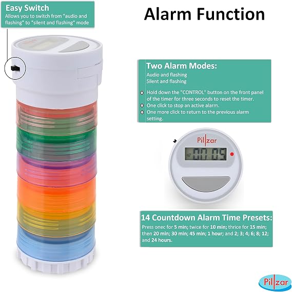 Portable Stackable Pill Organizer and Timer Cap with 14 Countdown Alarm presets.  with 1 Timer, 6 Small Stackable Containers, 1 Large Container, and 2 Magnetic Adapters. Travel Friendly.