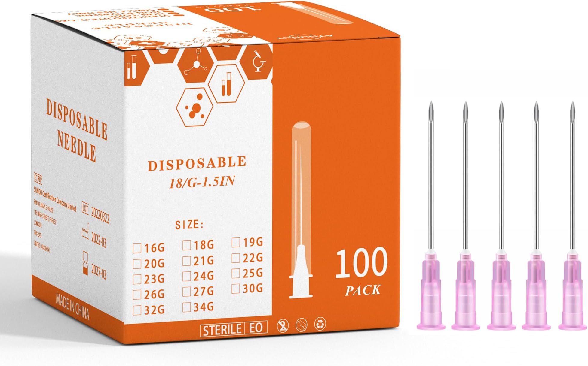Disposable Luer Lock Needle 100Pack (18G/1.5IN)