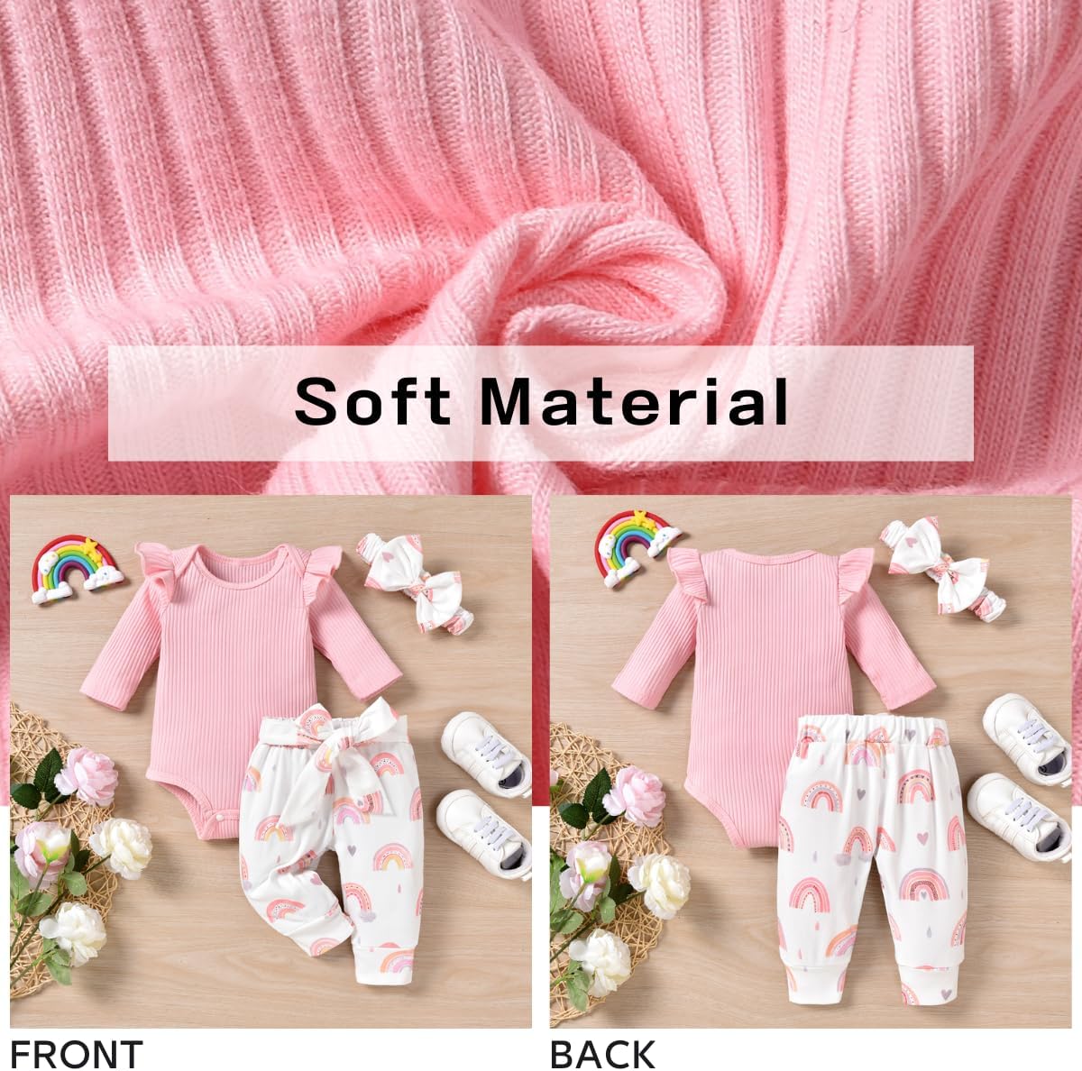 Aalizzwell Preemie Newborn Infant Baby Girls Clothes Ribbed Romper Bodysuit Pants Set Fall Winter Outfits - Image 3
