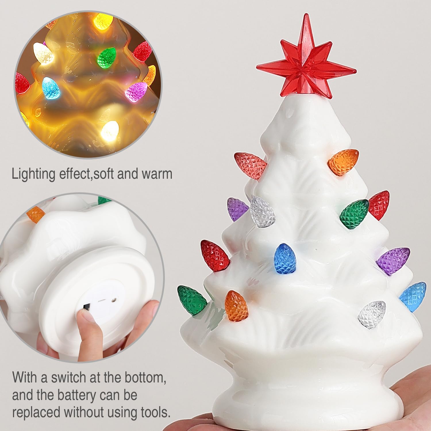 B SEPOR Ceramic Christmas Tree, 7 inch, LED Light Up, White Pre-Lit Tabletop Holiday Decoration