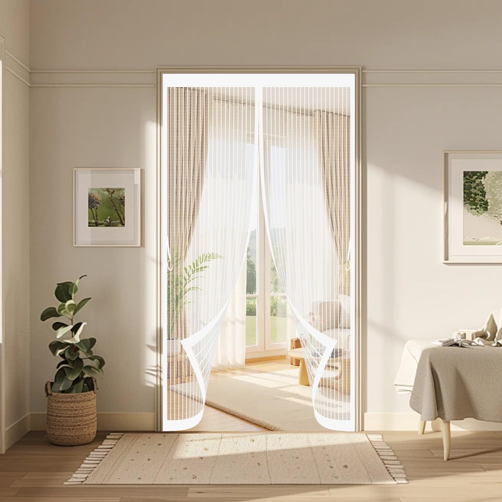 Fly Nets for Doors 145 x 246 cm with Powerful Magnets & Full Frame Magic Tape No Gap, Lets Fresh Air in, Keep Bugs Out Screen Mesh Curtain Fits Door for Patio Doors Bedroom, White